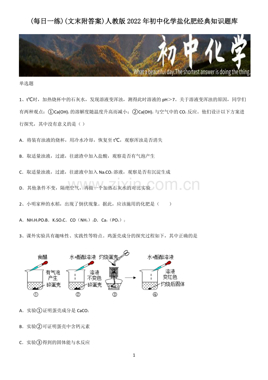 (文末附答案)人教版2022年初中化学盐化肥经典知识题库.pdf_第1页