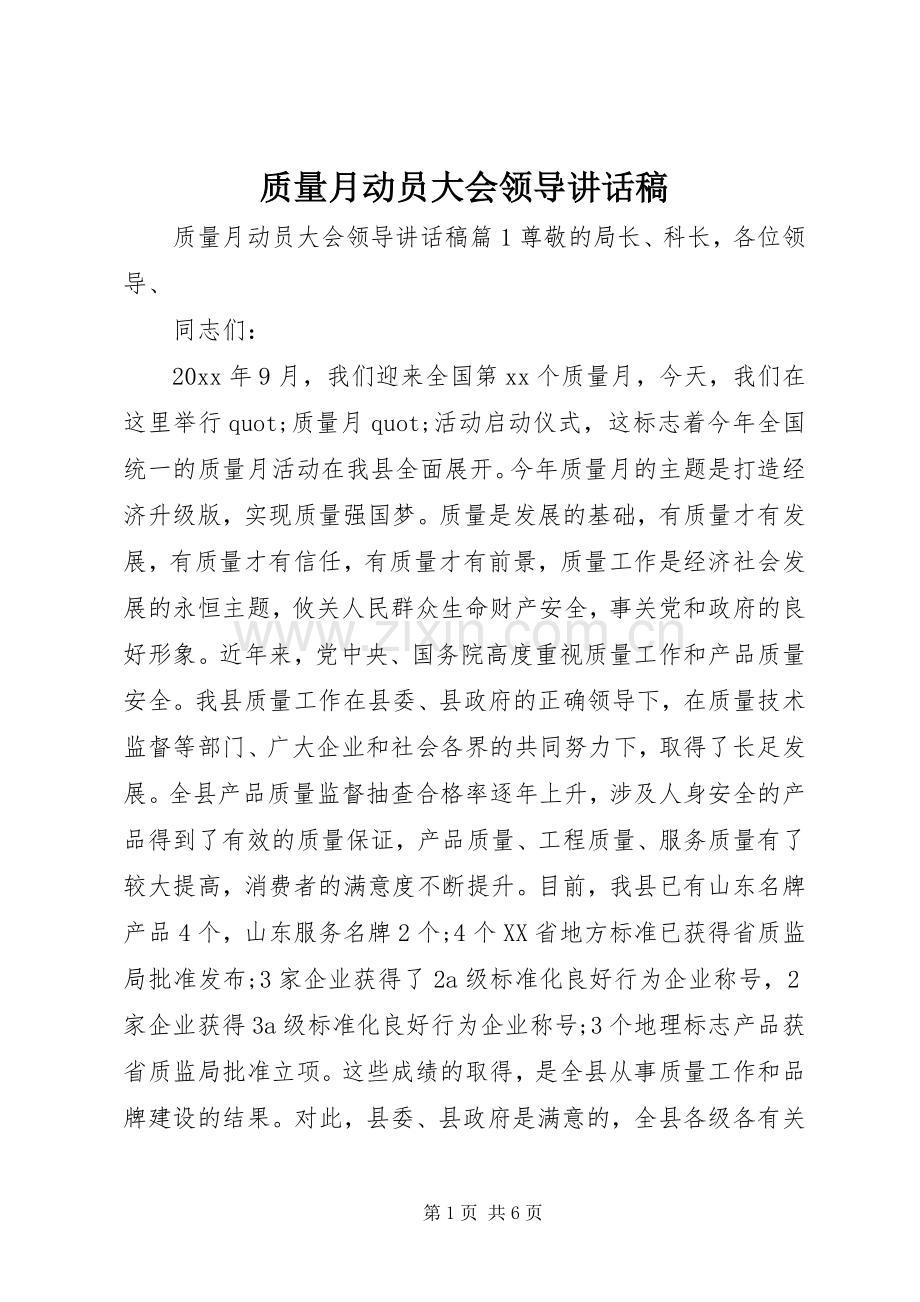 质量月动员大会领导讲话稿.docx_第1页