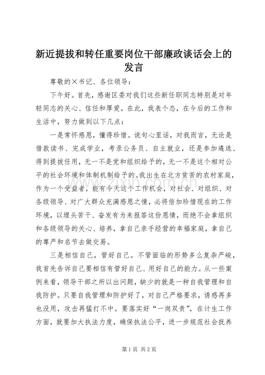 新近提拔和转任重要岗位干部廉政谈话会上的发言.docx_第1页