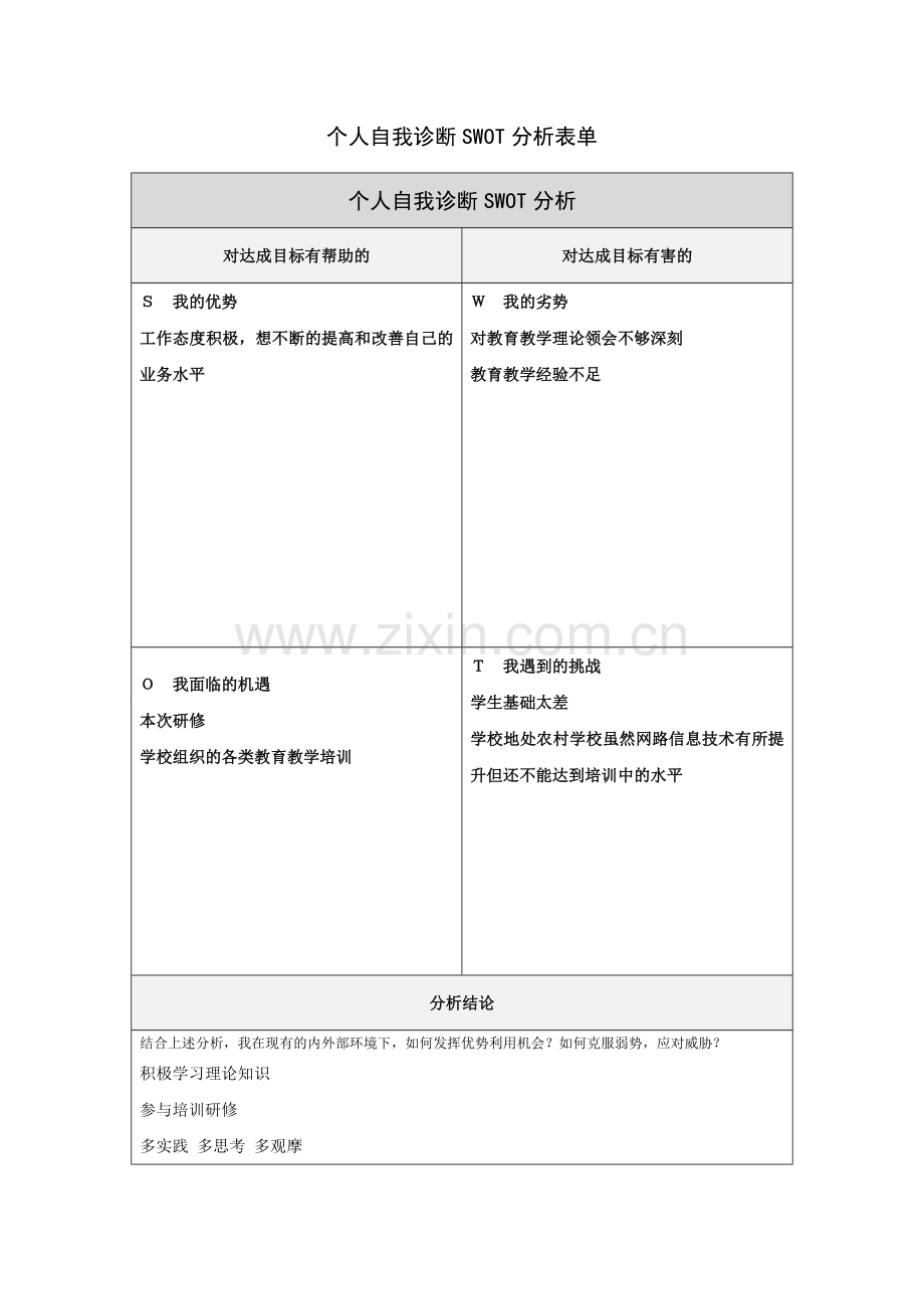 郑成英个人自我诊断SWOT分析表.doc_第1页