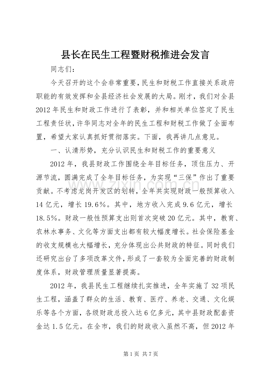 县长在民生工程暨财税推进会发言.docx_第1页