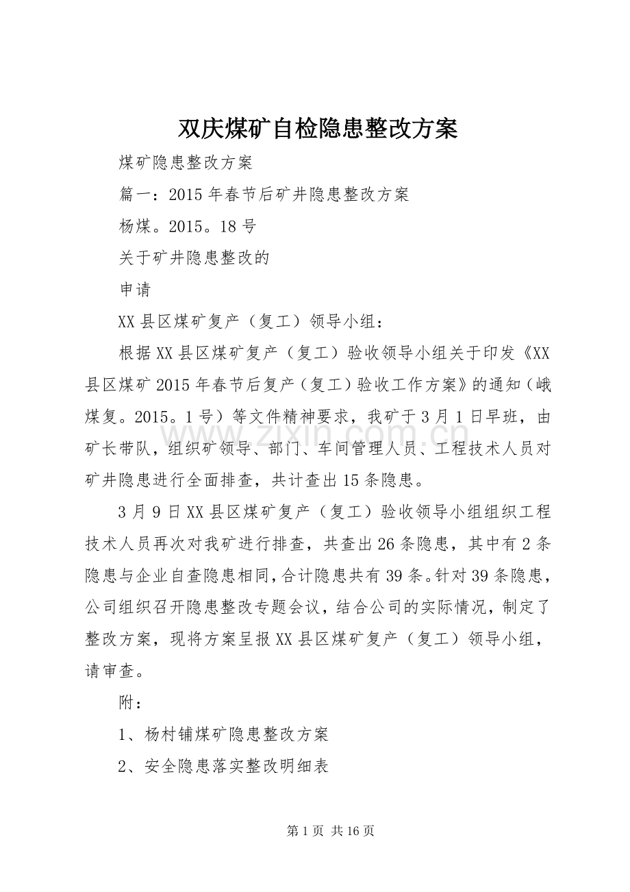 双庆煤矿自检隐患整改实施方案.docx_第1页