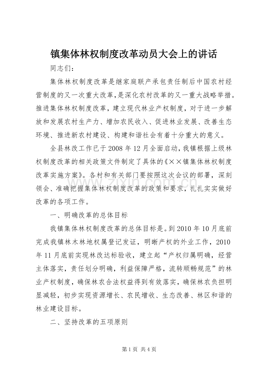 镇集体林权制度改革动员大会上的讲话.docx_第1页