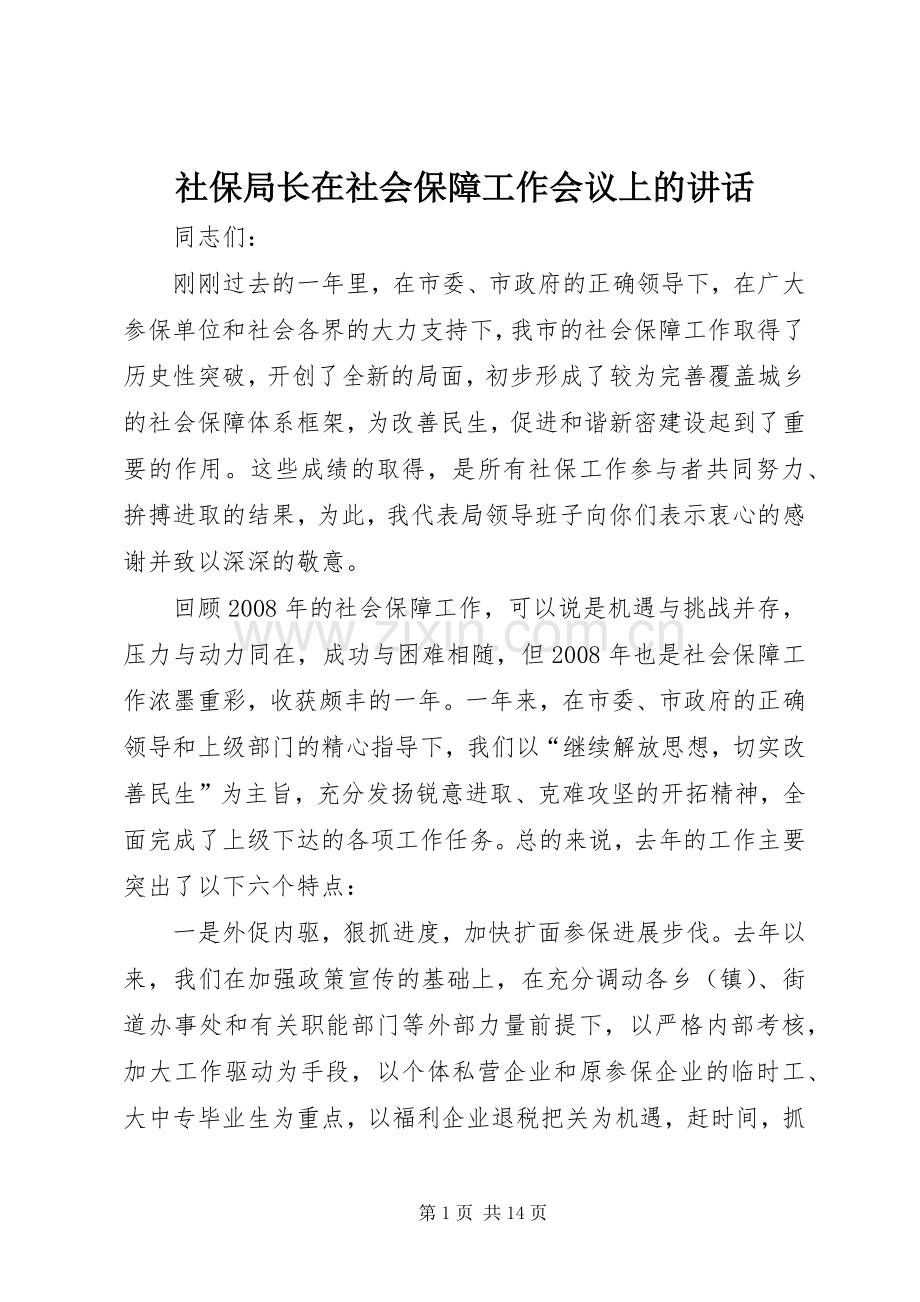 社保局长在社会保障工作会议上的讲话.docx_第1页