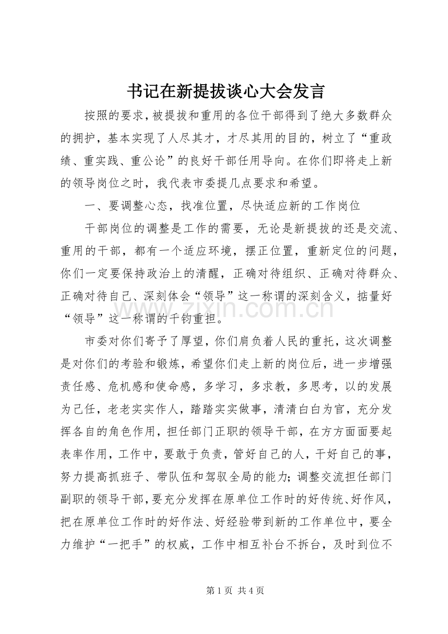 书记在新提拔谈心大会发言.docx_第1页