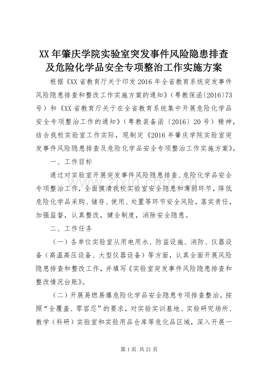 XX年肇庆学院实验室突发事件风险隐患排查及危险化学品安全专项整治工作方案.docx_第1页