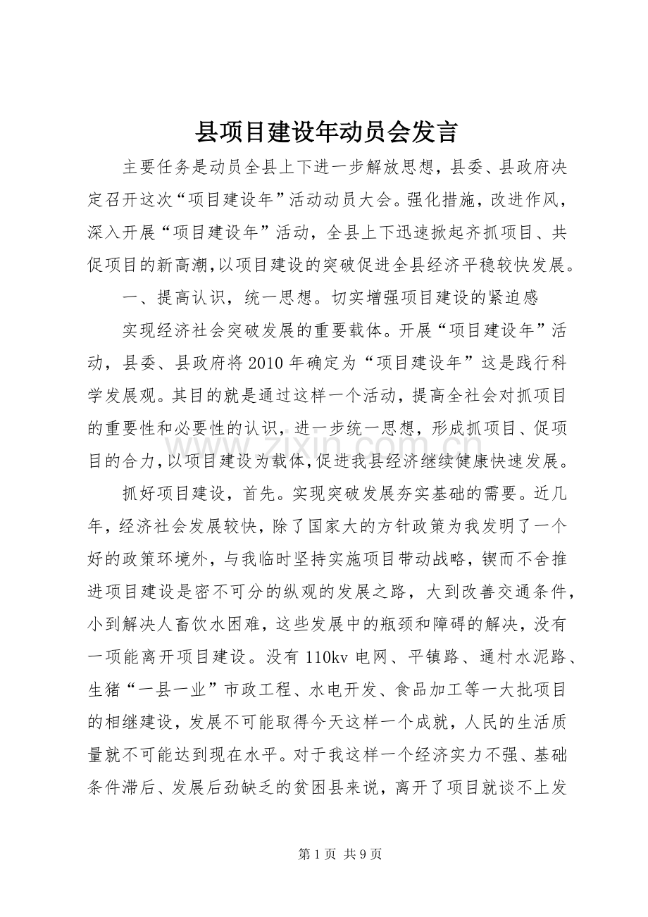 县项目建设年动员会发言.docx_第1页