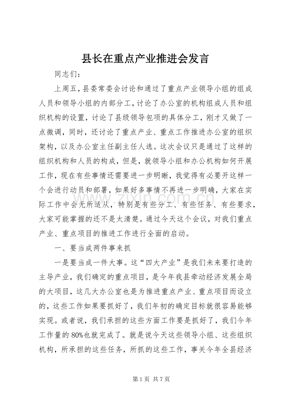 县长在重点产业推进会发言稿.docx_第1页