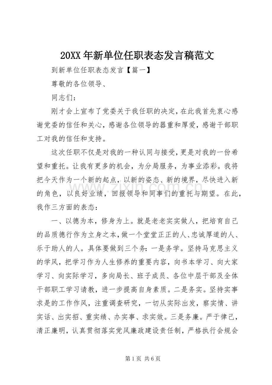 20XX年新单位任职表态发言范文.docx_第1页