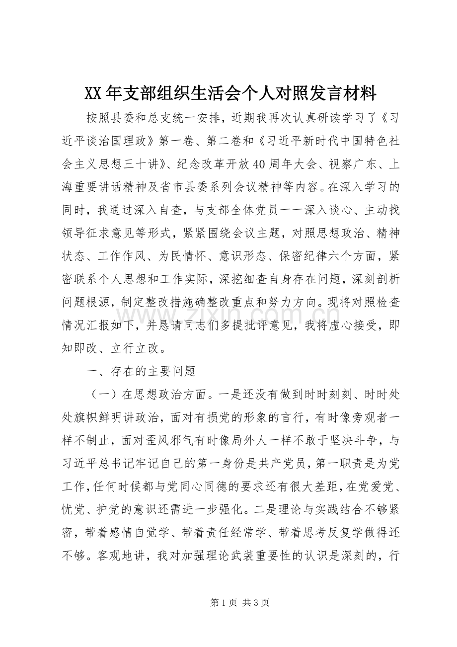 XX年支部组织生活会个人对照发言材料提纲.docx_第1页