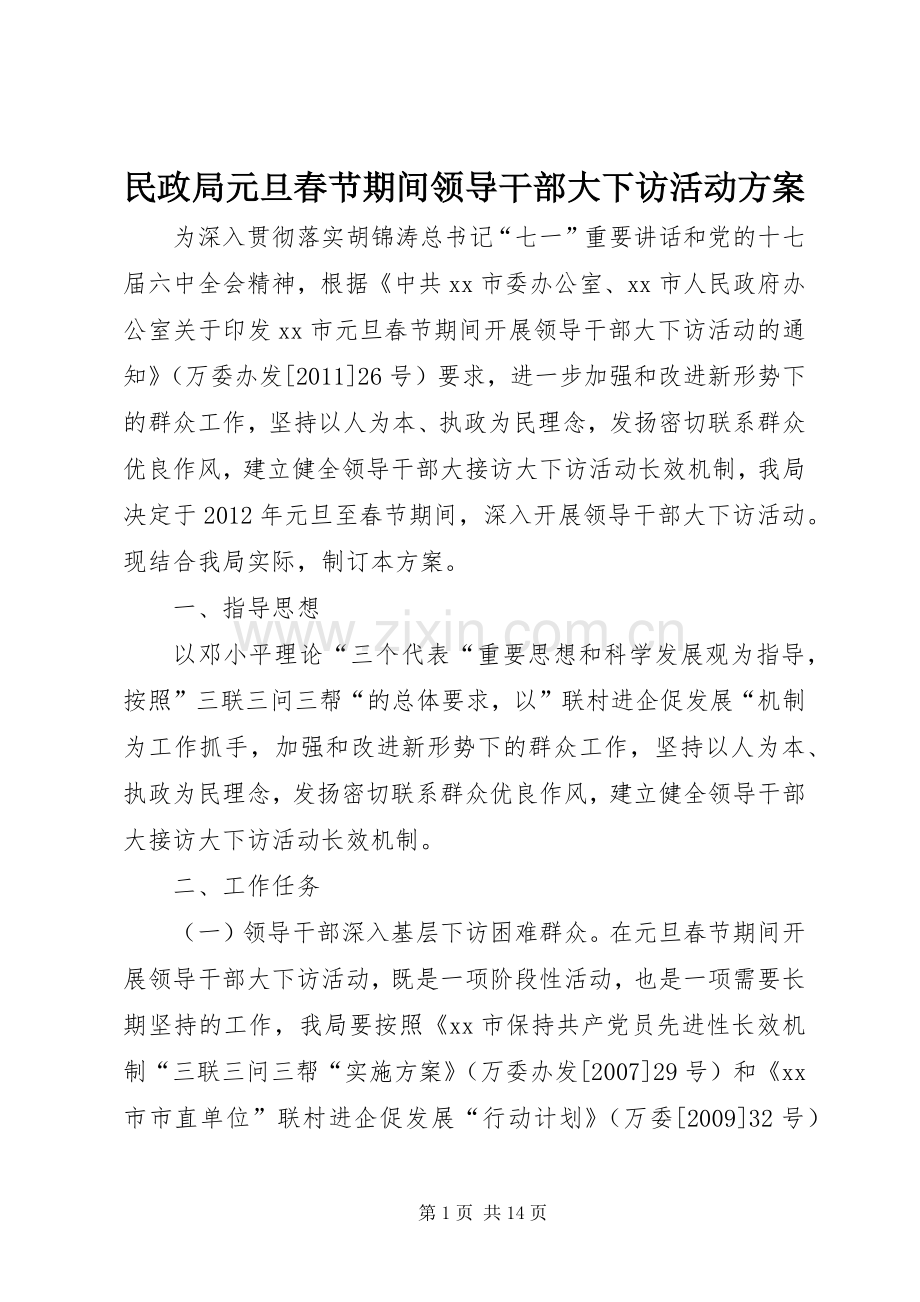 民政局元旦春节期间领导干部大下访活动实施方案.docx_第1页