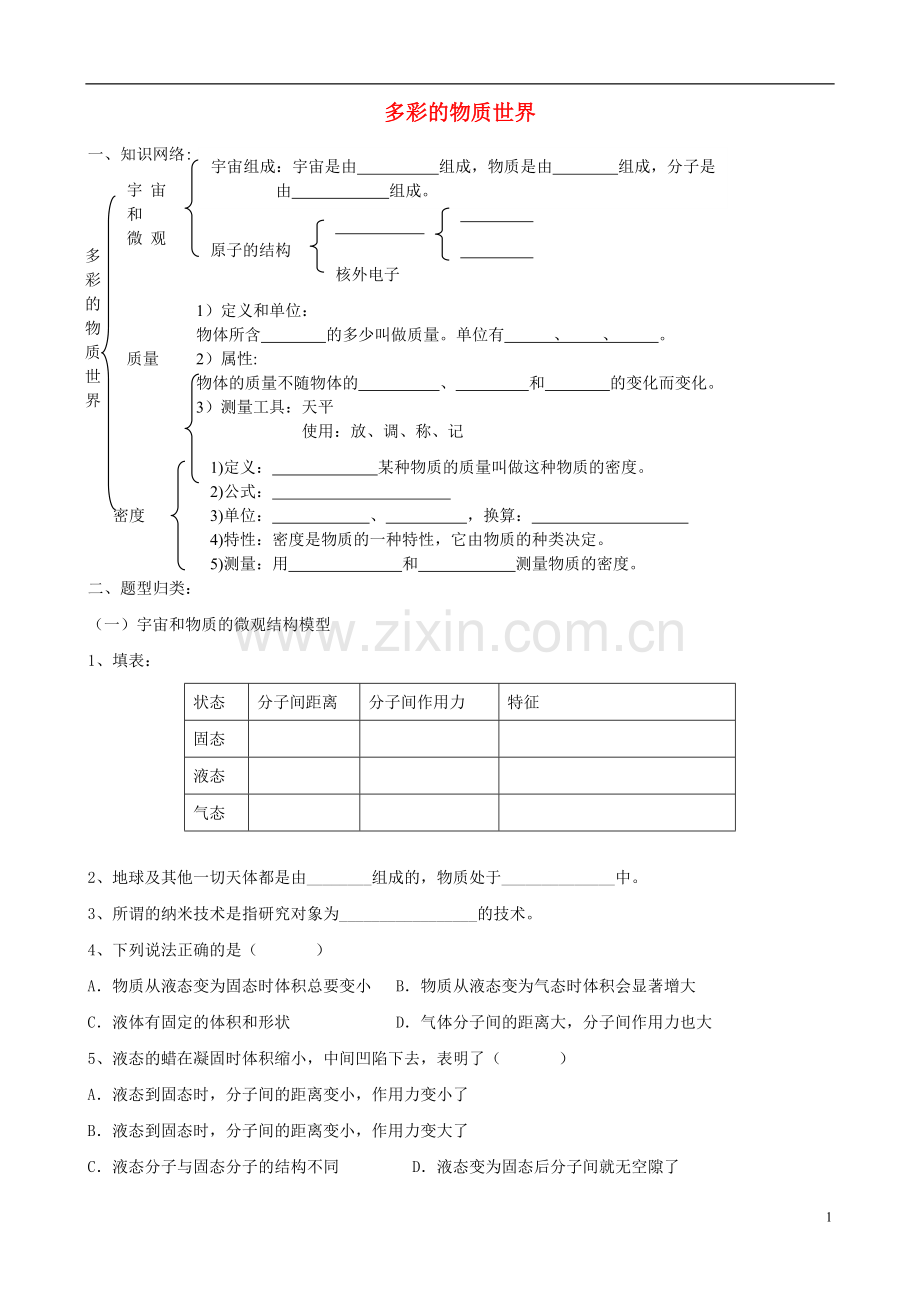 九年级物理-第十一章《多彩的物质世界》单元检测(无答案)人教新课标版.doc_第1页