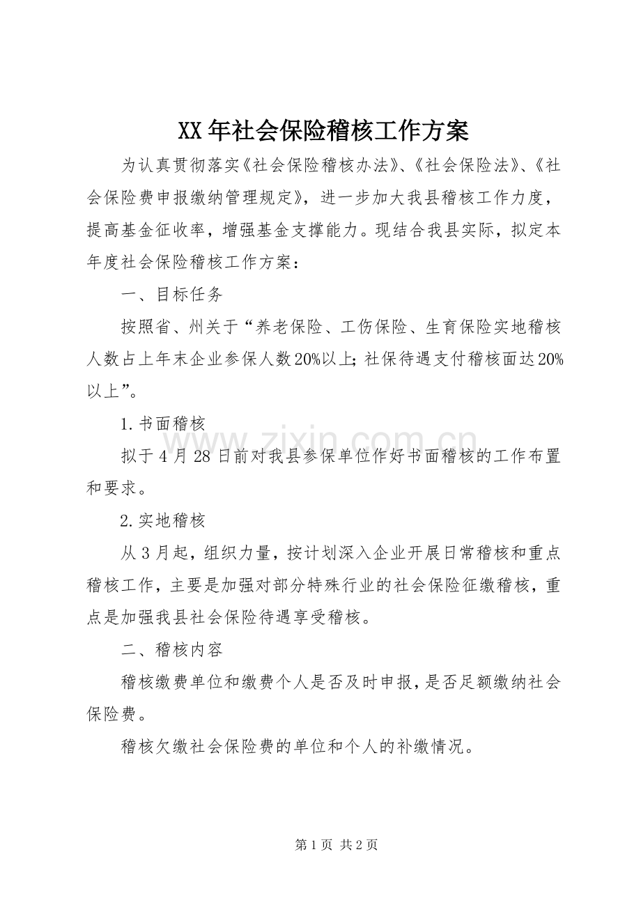 XX年社会保险稽核工作实施方案.docx_第1页