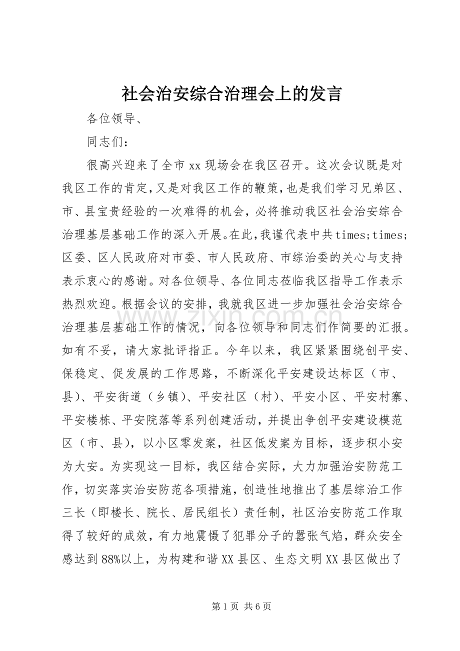 社会治安综合治理会上的发言稿.docx_第1页