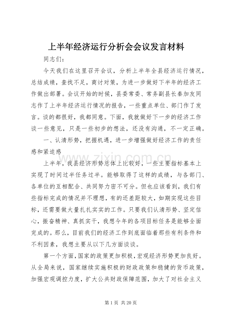 上半年经济运行分析会会议发言材料提纲.docx_第1页