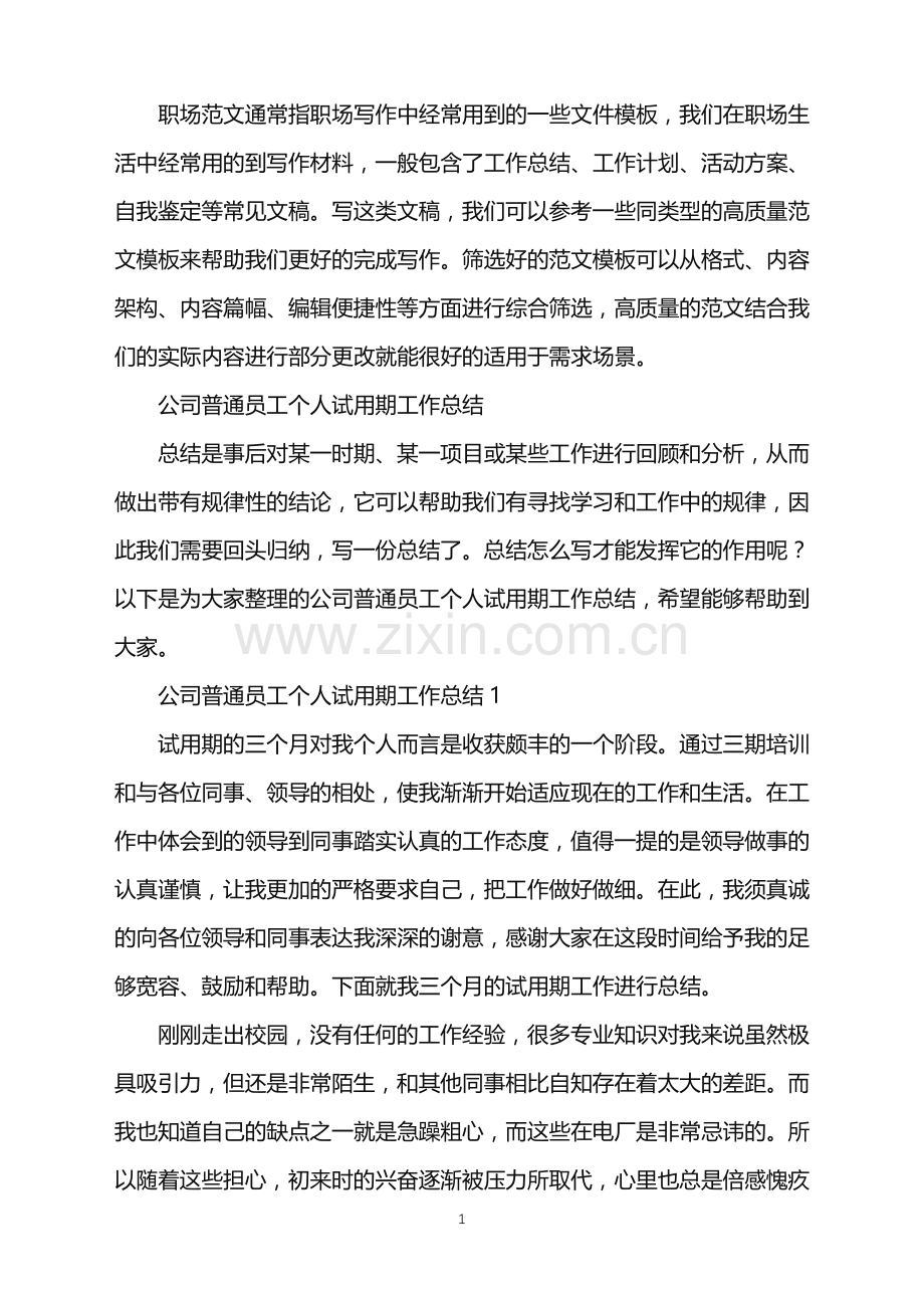 2022年公司普通员工个人试用期工作总结.doc_第1页