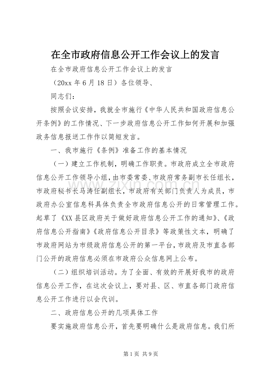 在全市政府信息公开工作会议上的发言稿.docx_第1页