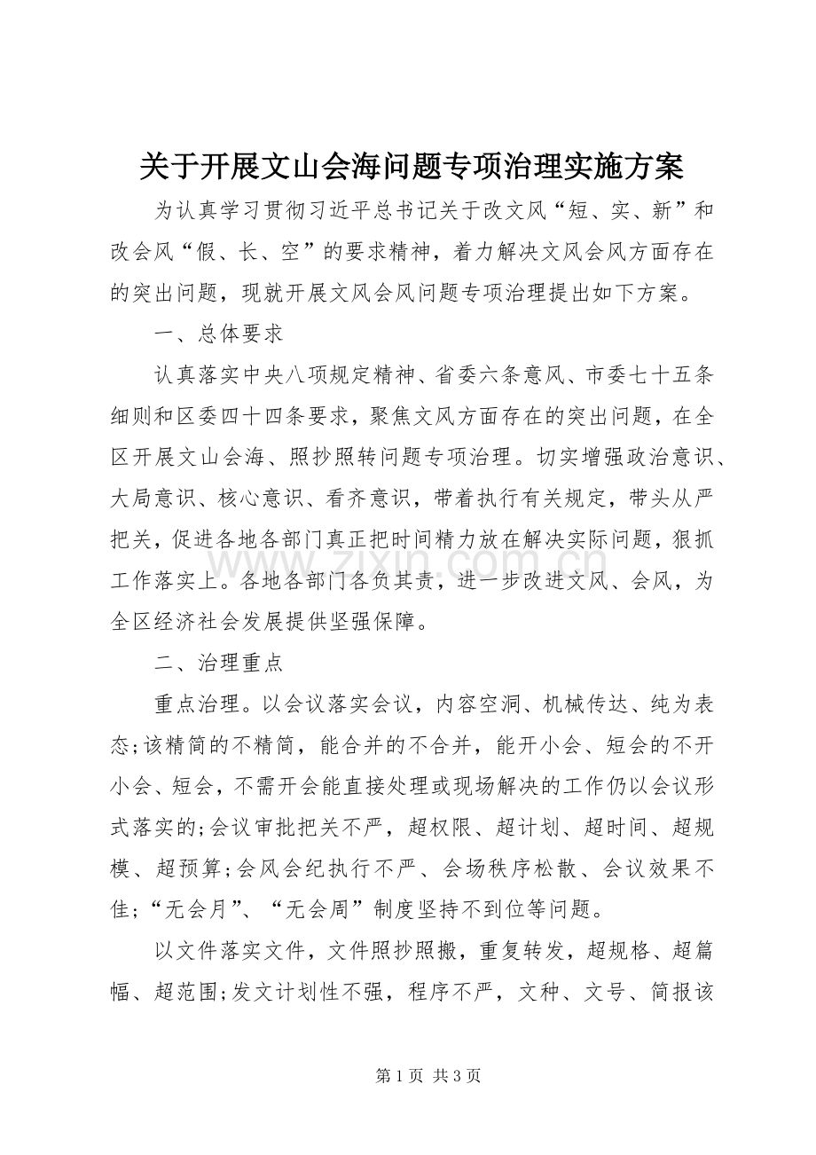 关于开展文山会海问题专项治理方案.docx_第1页