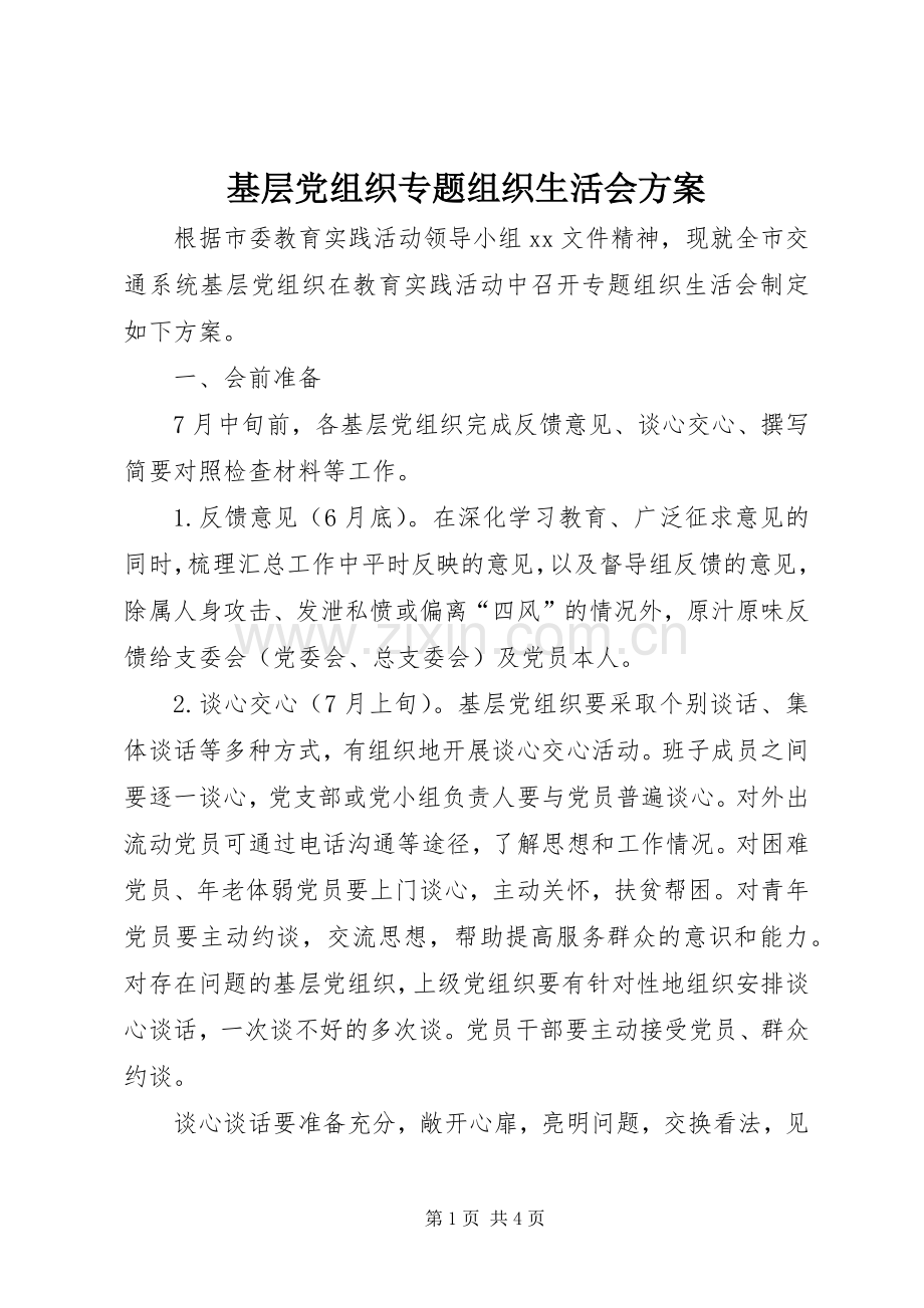 基层党组织专题组织生活会实施方案.docx_第1页