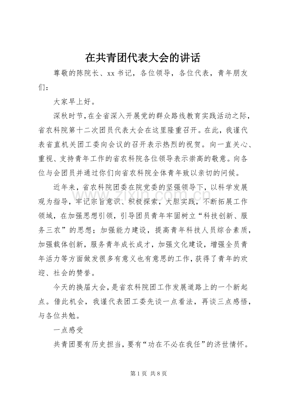 在共青团代表大会的讲话.docx_第1页