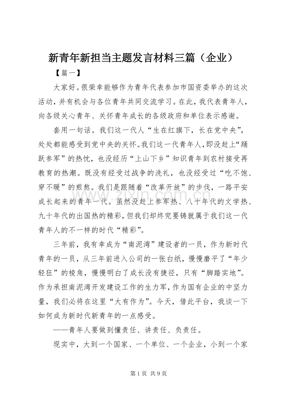 新青年新担当主题发言材料三篇（企业）.docx_第1页