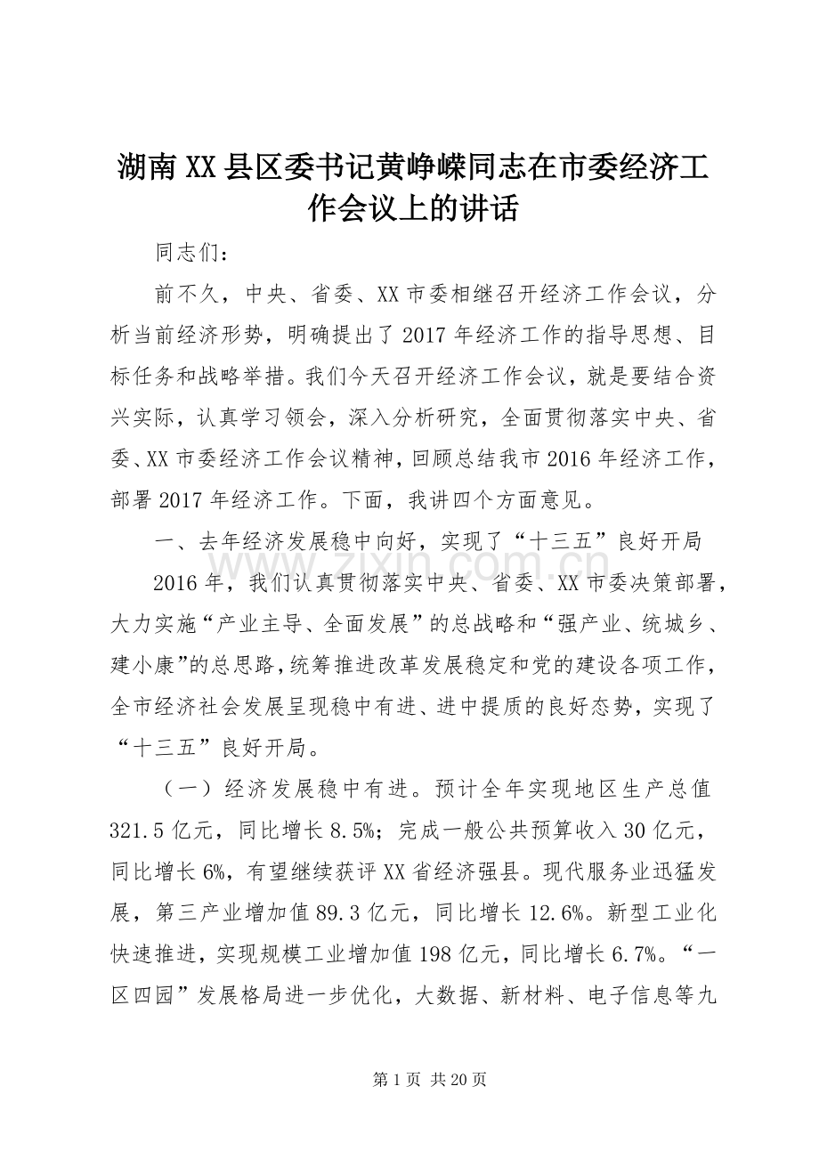 湖南XX县区委书记黄峥嵘同志在市委经济工作会议上的讲话.docx_第1页