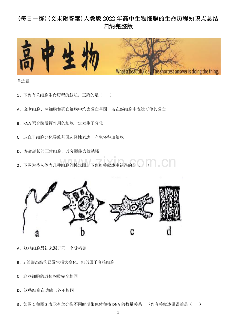 (文末附答案)人教版2022年高中生物细胞的生命历程知识点总结归纳完整版.pdf_第1页