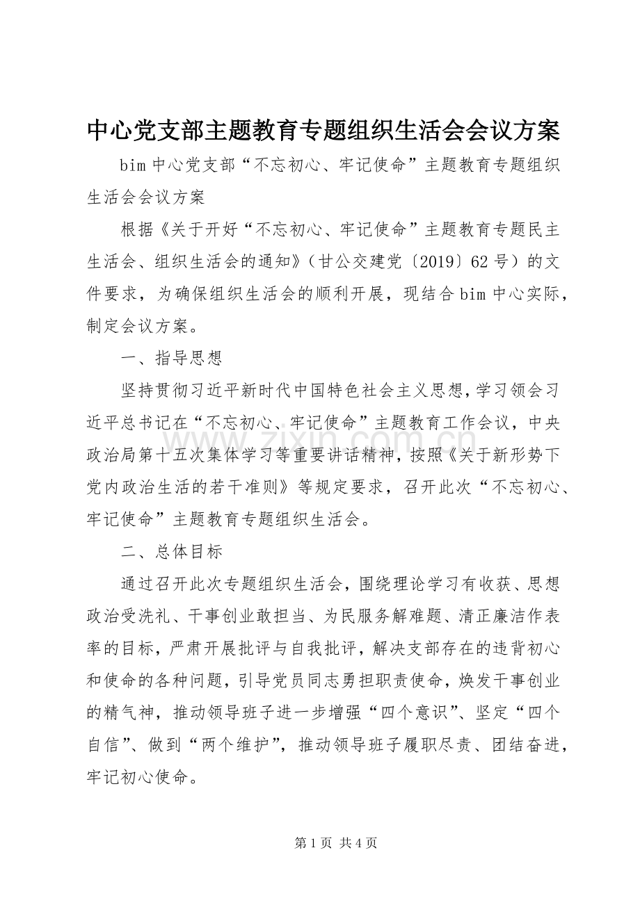 中心党支部主题教育专题组织生活会会议实施方案.docx_第1页