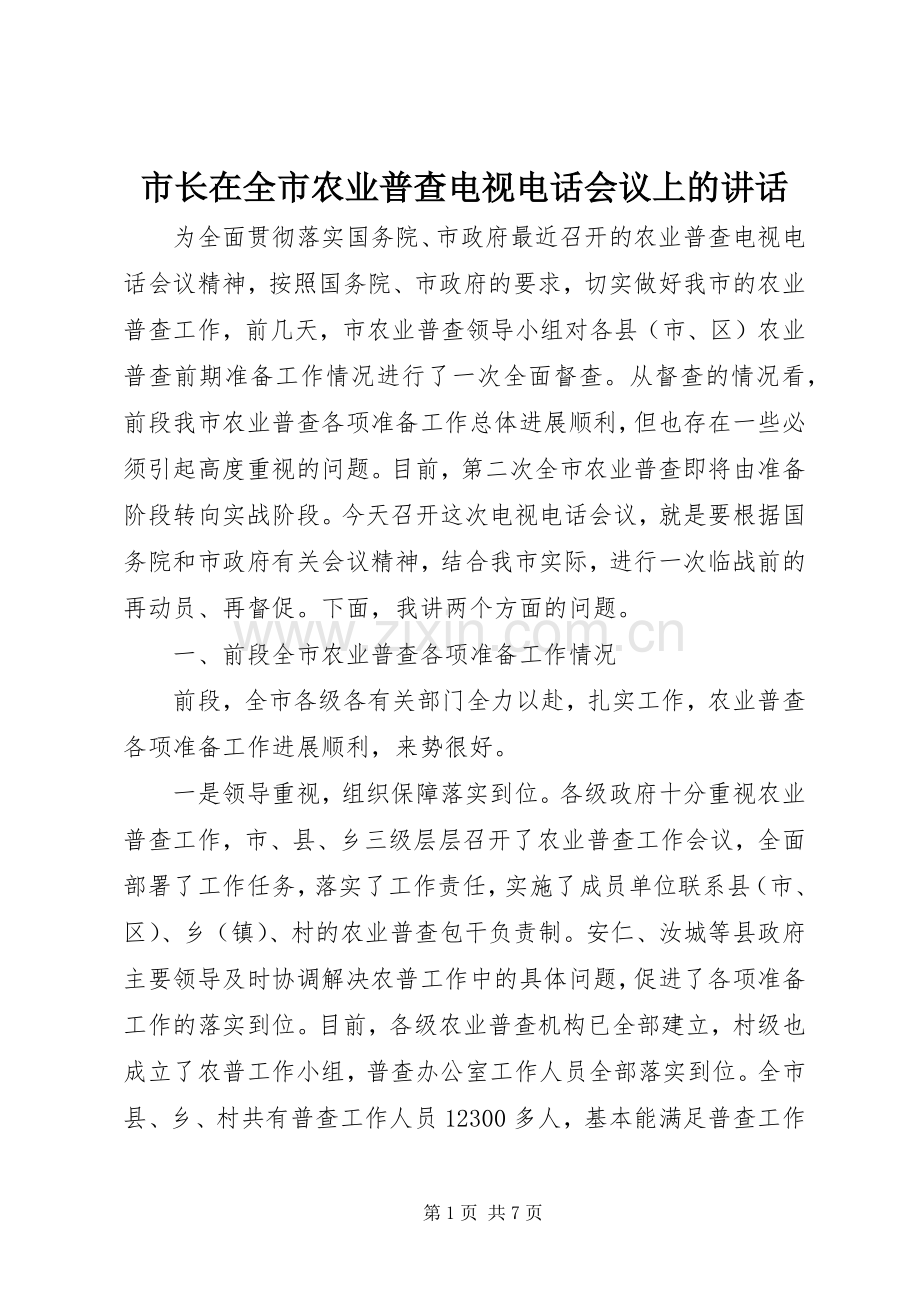 市长在全市农业普查电视电话会议上的讲话.docx_第1页