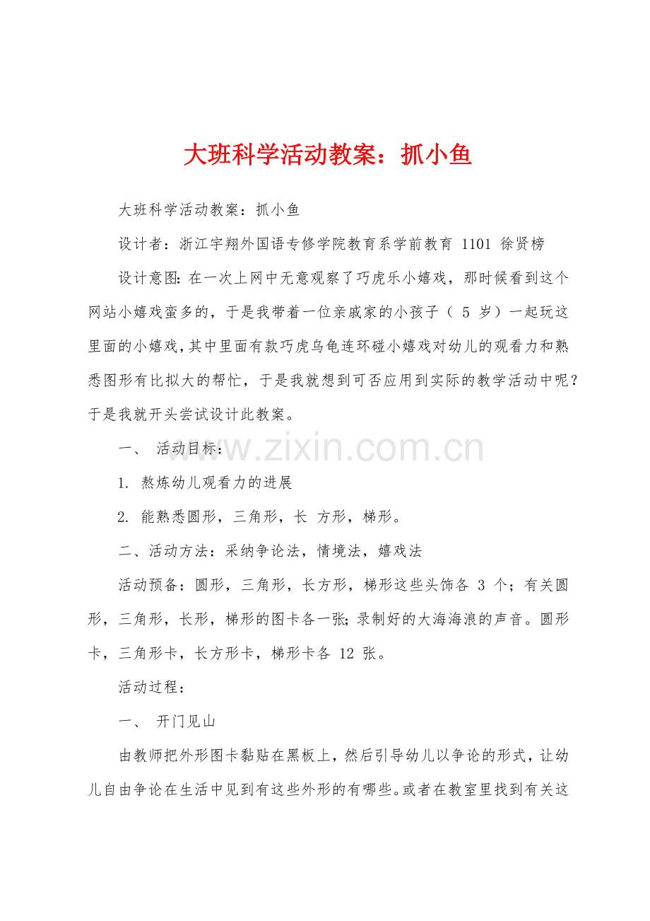 大班科学活动教案：抓小鱼.docx_第1页