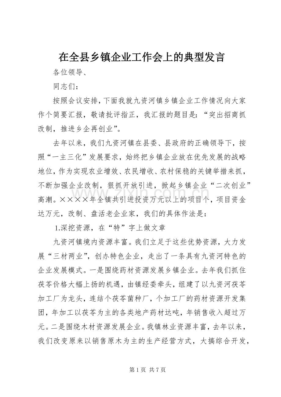 在全县乡镇企业工作会上的典型发言稿(9).docx_第1页