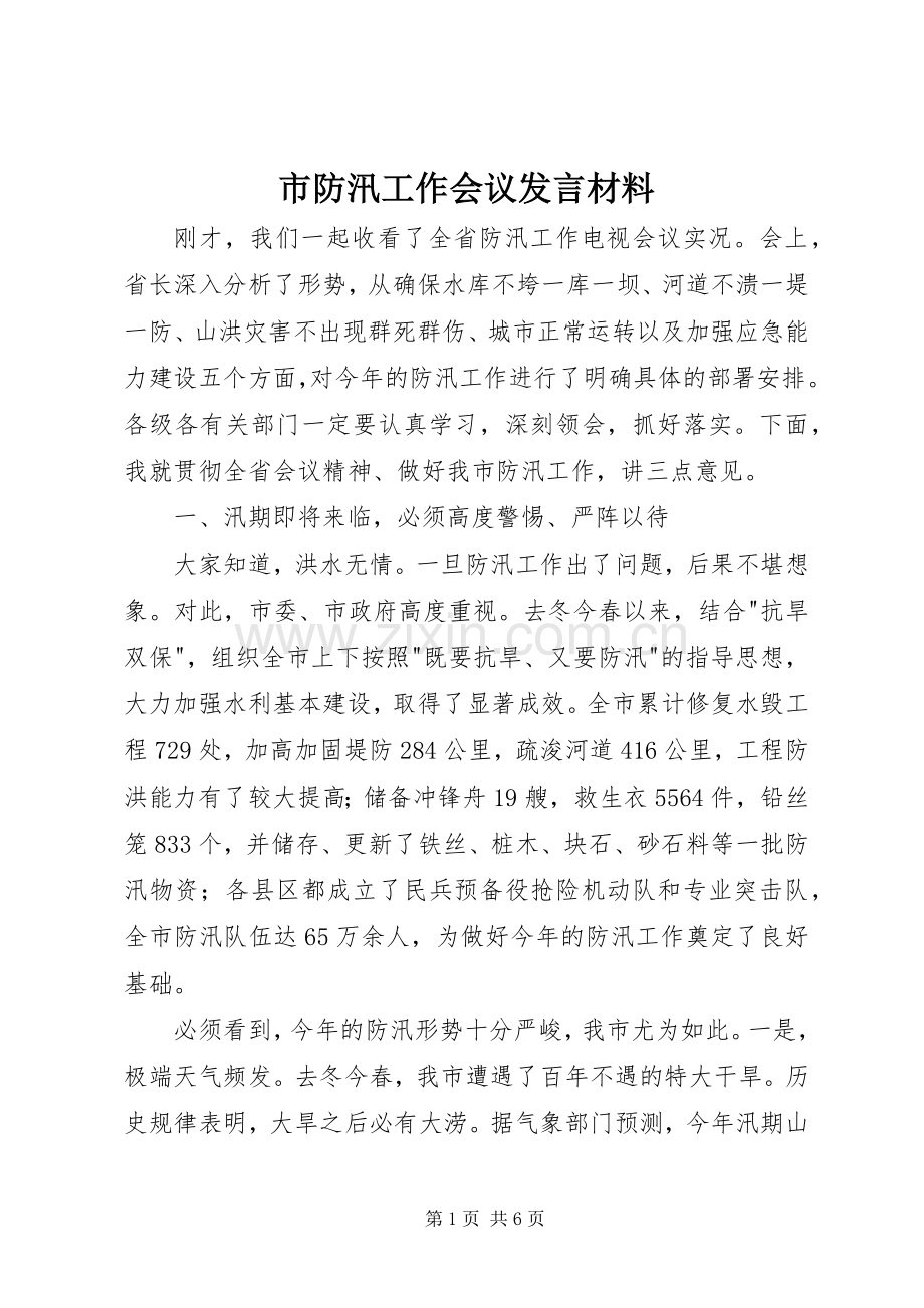 市防汛工作会议发言材料提纲.docx_第1页