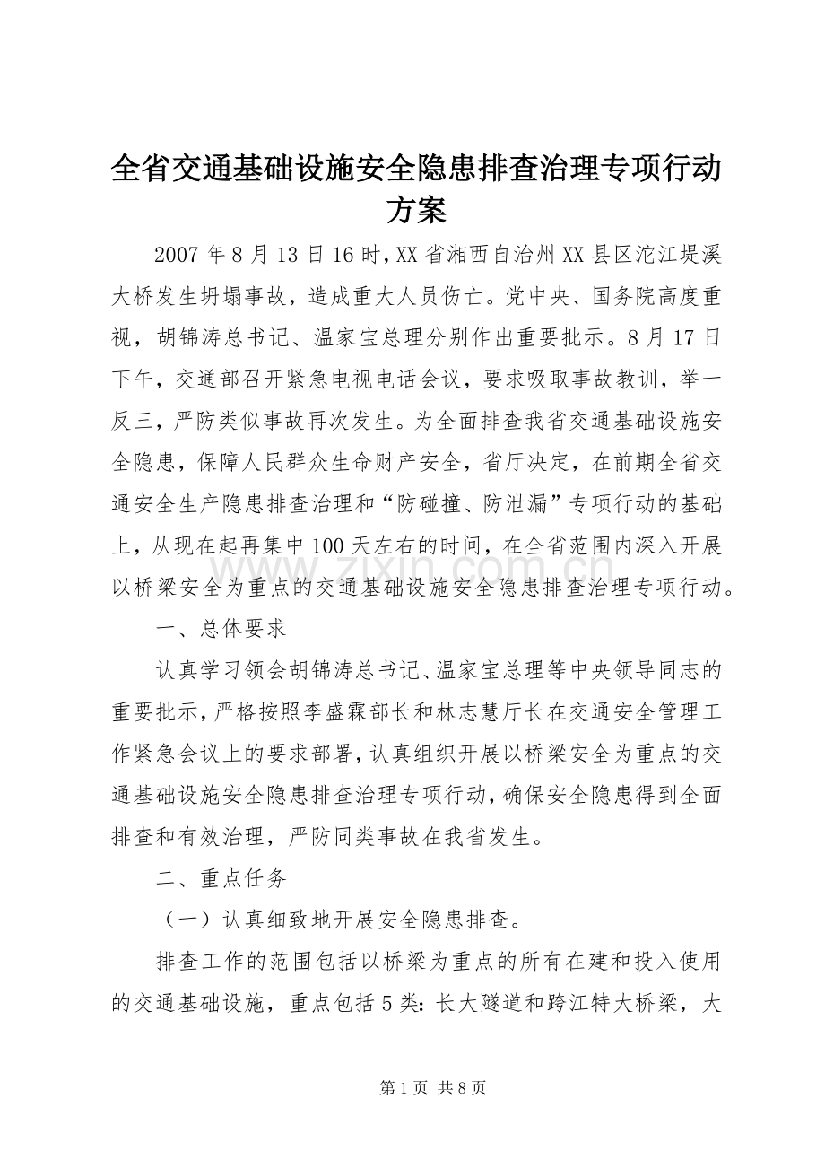 全省交通基础设施安全隐患排查治理专项行动实施方案.docx_第1页