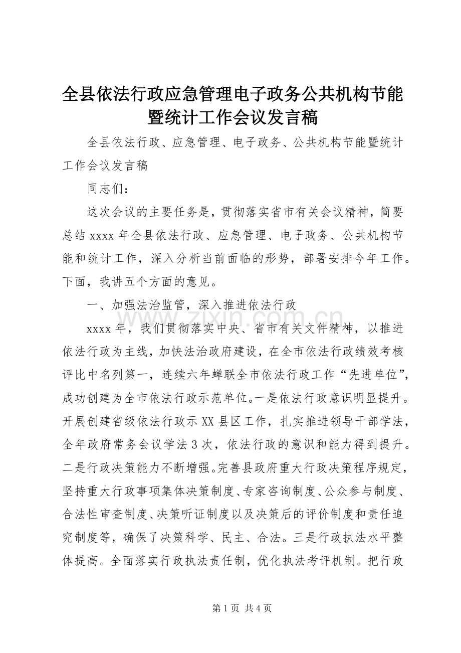 全县依法行政应急管理电子政务公共机构节能暨统计工作会议发言稿.docx_第1页