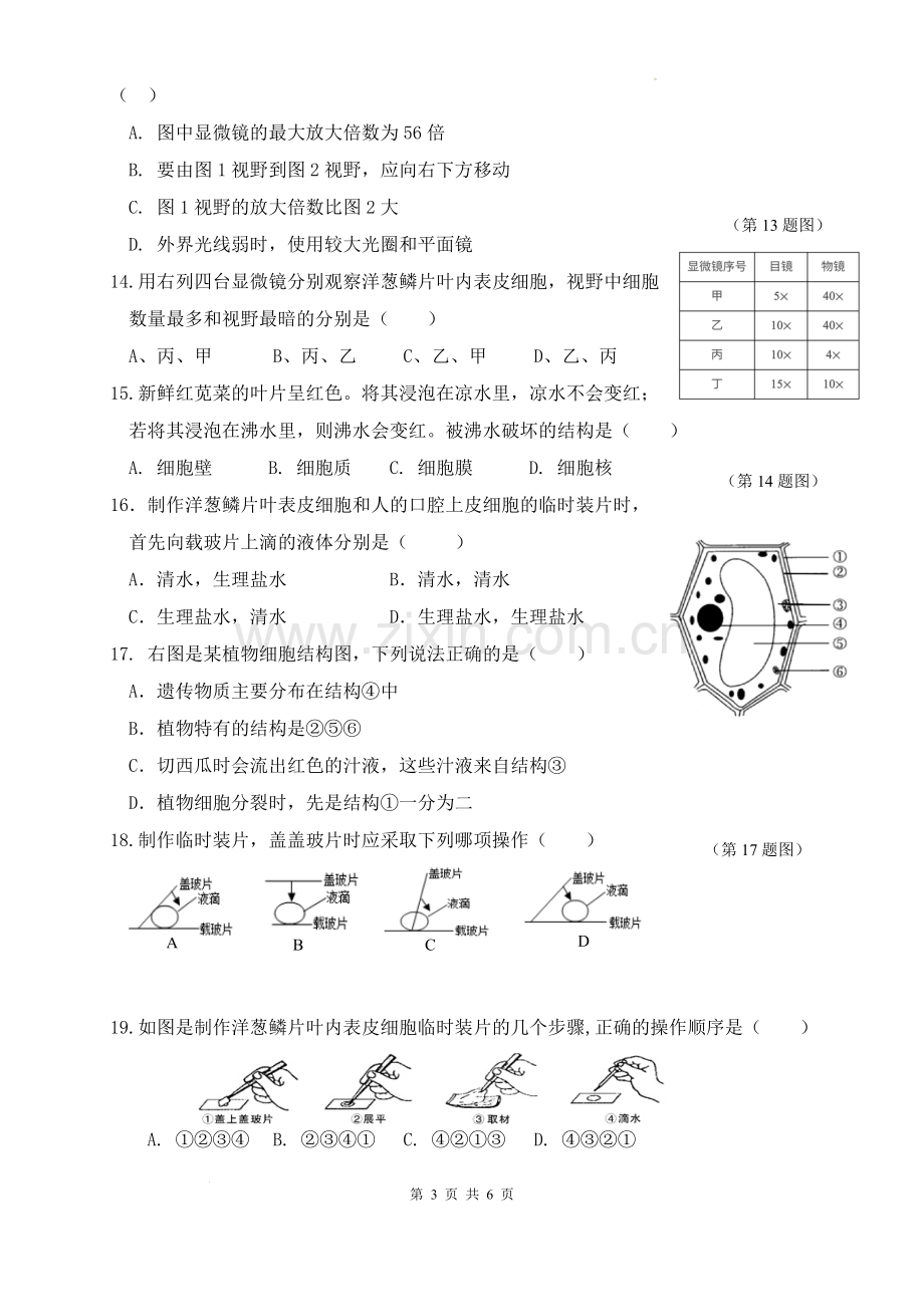 广东省广州市天河区同仁天兴学校2023-2024学年七年级上学期期中考试生物试题.docx_第3页