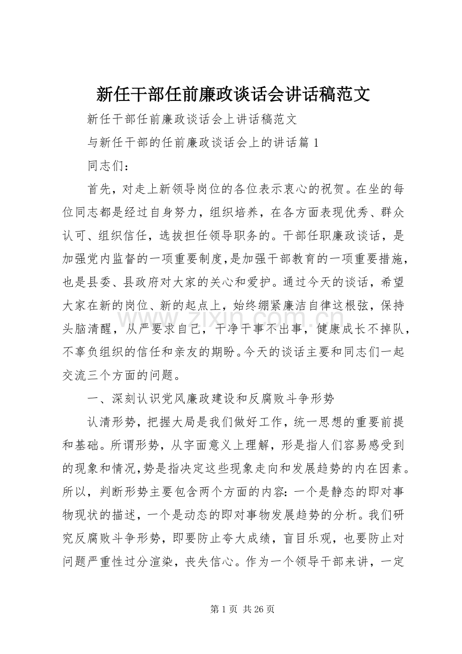 新任干部任前廉政谈话会讲话稿范文.docx_第1页