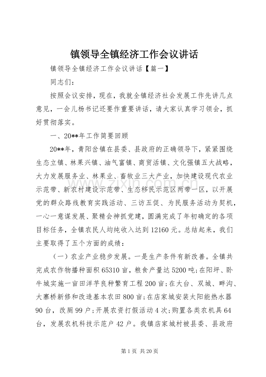 镇领导全镇经济工作会议讲话.docx_第1页