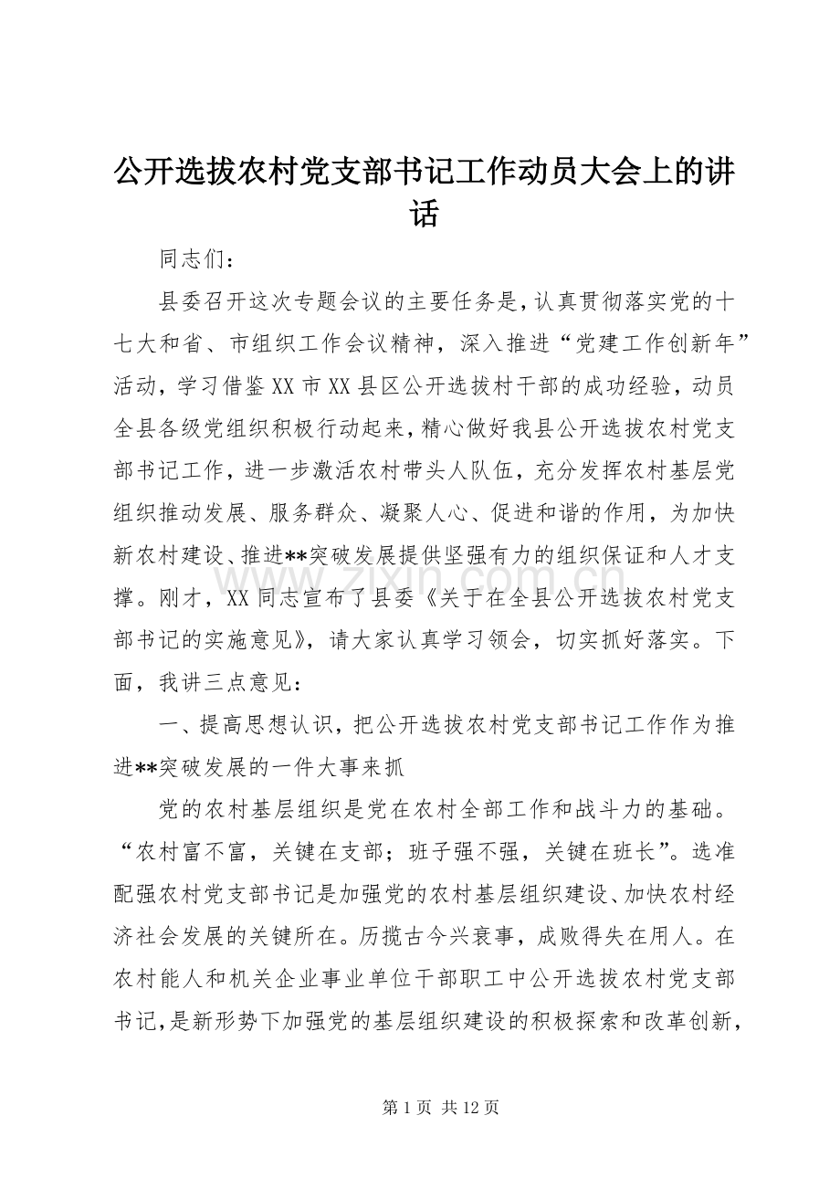 公开选拔农村党支部书记工作动员大会上的讲话.docx_第1页