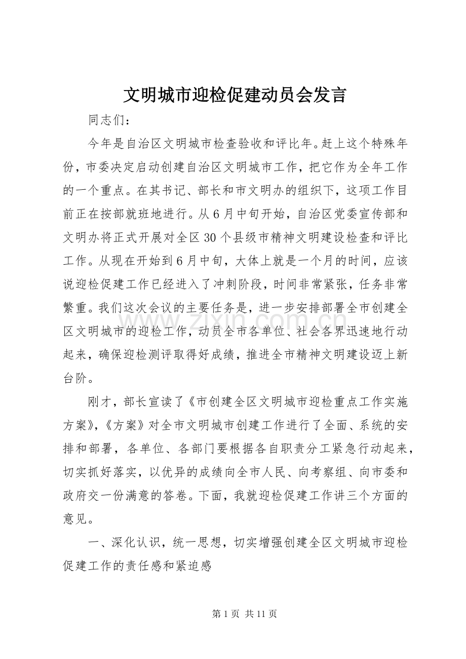 文明城市迎检促建动员会发言.docx_第1页