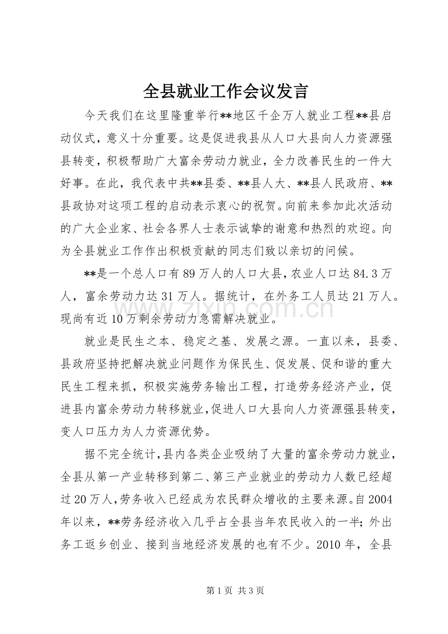 全县就业工作会议发言.docx_第1页