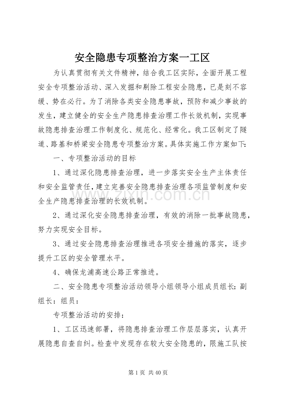 安全隐患专项整治实施方案一工区.docx_第1页