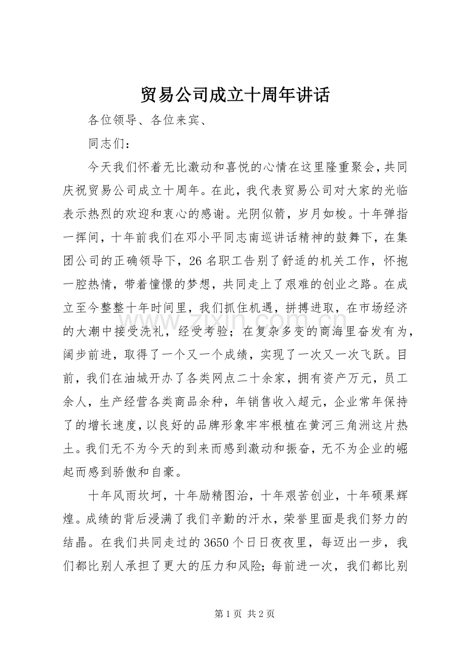 贸易公司成立十周年讲话.docx_第1页