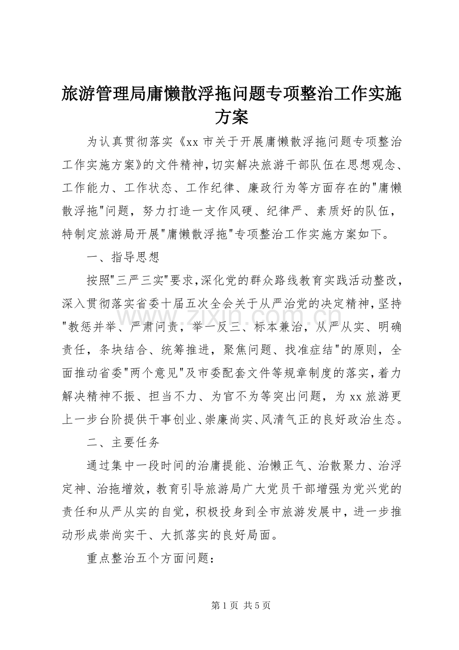 旅游管理局庸懒散浮拖问题专项整治工作方案.docx_第1页