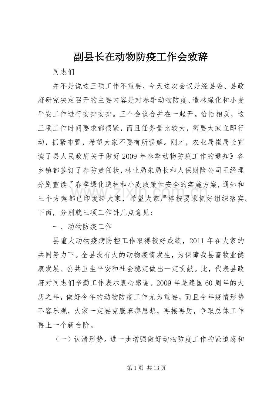 副县长在动物防疫工作会演讲致辞.docx_第1页