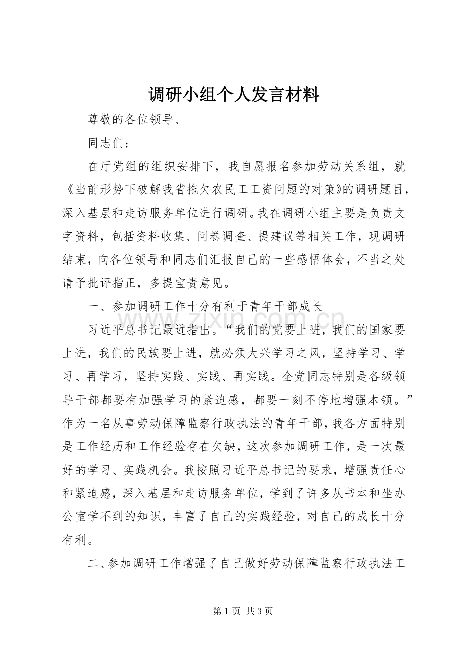 调研小组个人发言材料致辞.docx_第1页