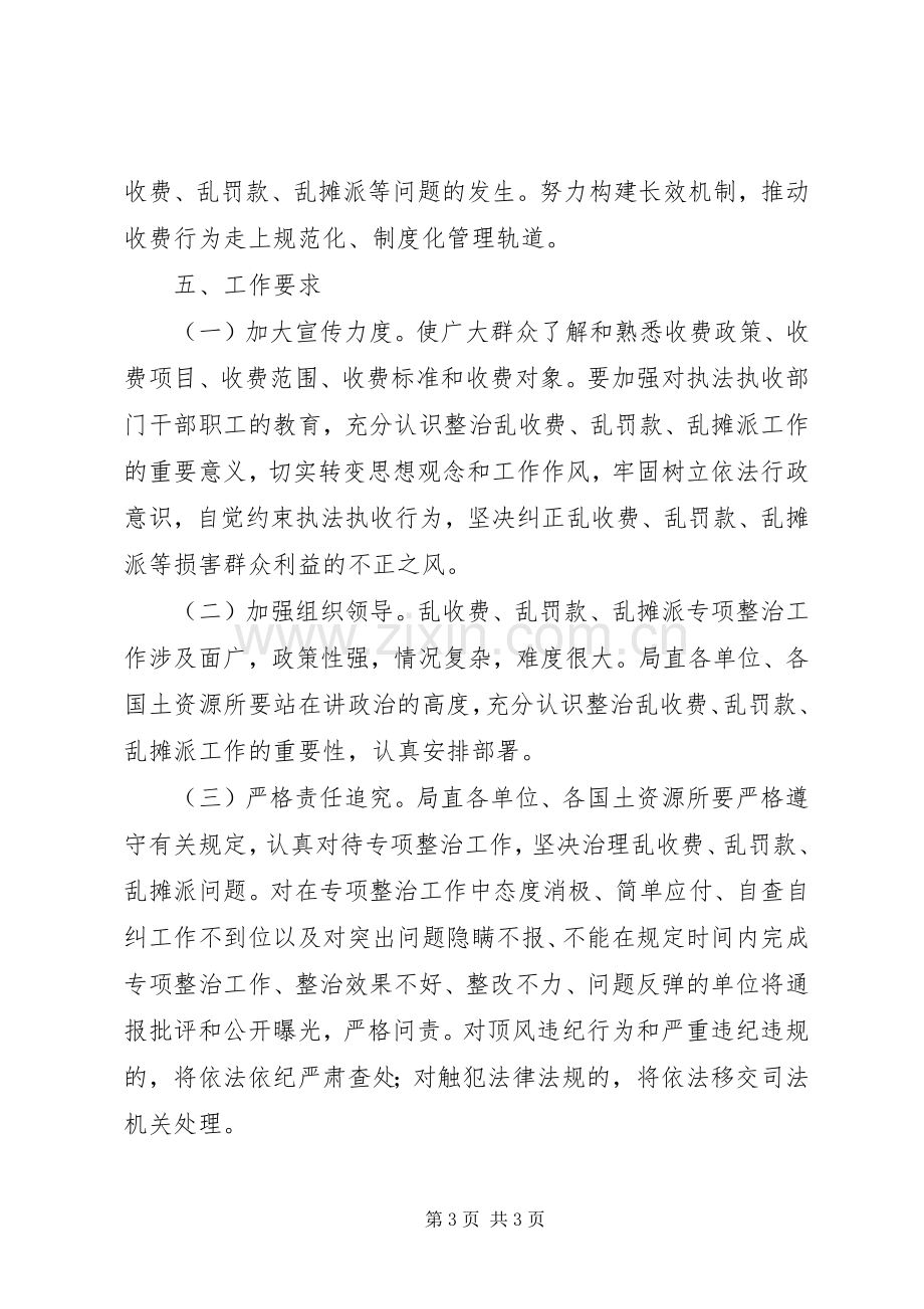 县国土资源局开展乱收费乱罚款乱摊派问题专项整治工作实施方案.docx_第3页