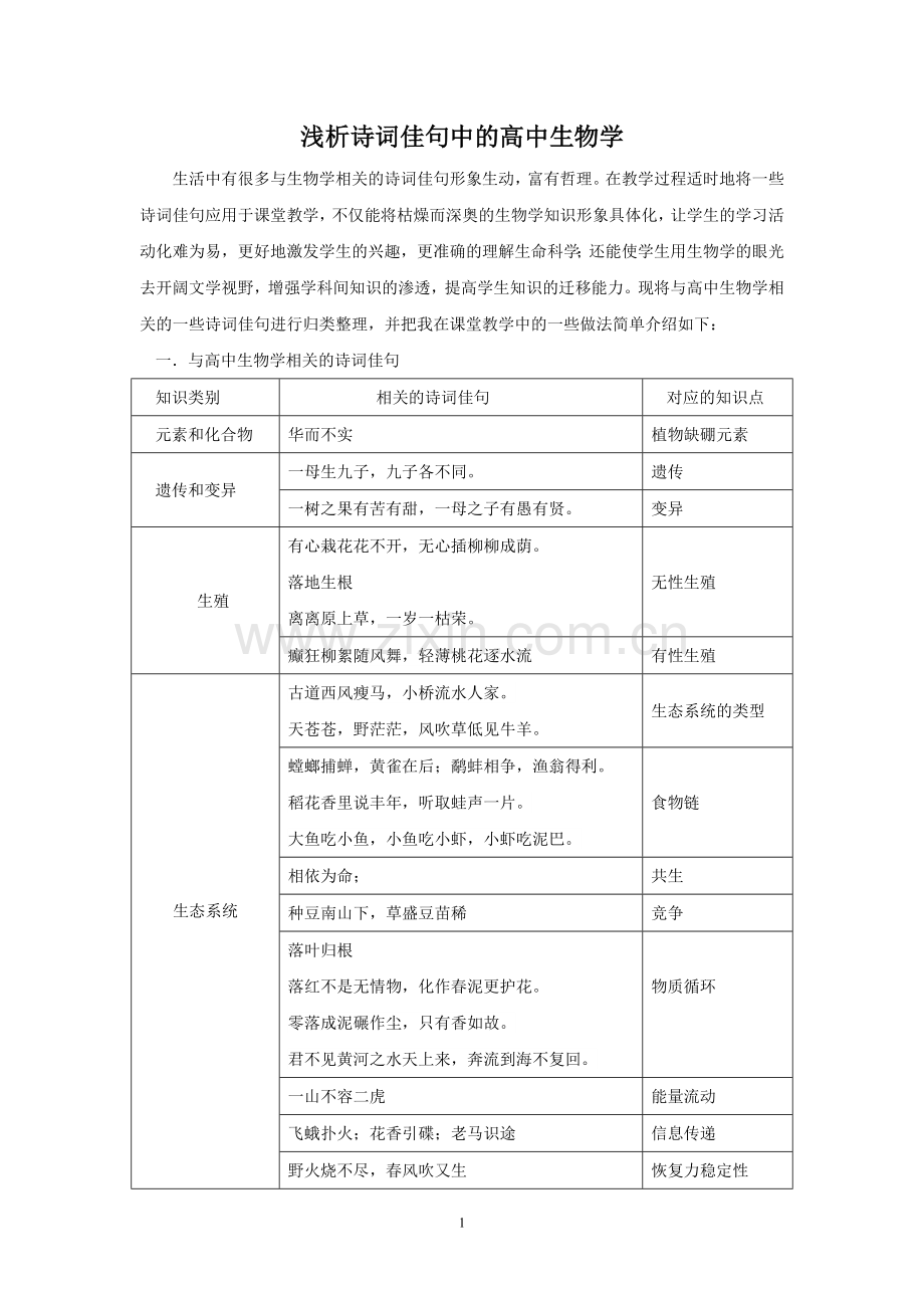 浅析诗词佳句中的高中生物学.doc_第1页