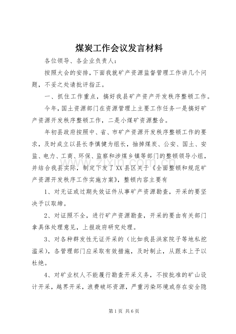 煤炭工作会议发言致辞.docx_第1页