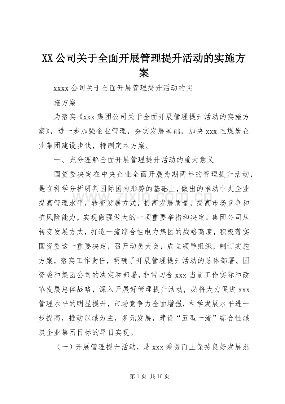 XX公司关于全面开展管理提升活动的方案.docx_第1页