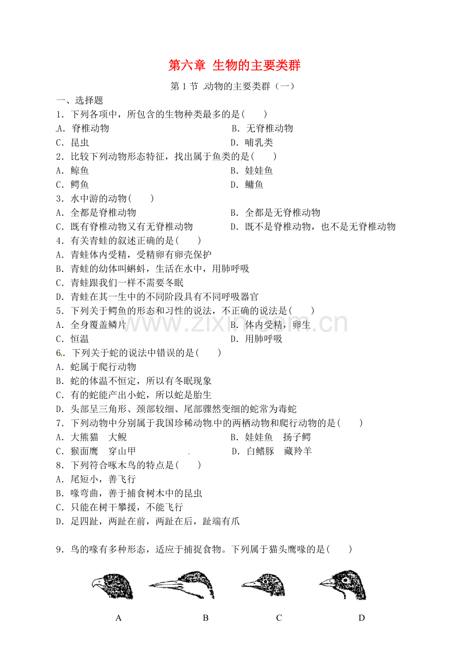 七年级科学上册-6.1-动物的主要类群练习-华东师大版.doc_第1页